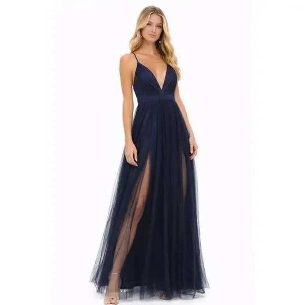 Lulus Rare Beauty Navy Blue Tulle Backless Maxi Dress Size S Bridesmaid Prom
